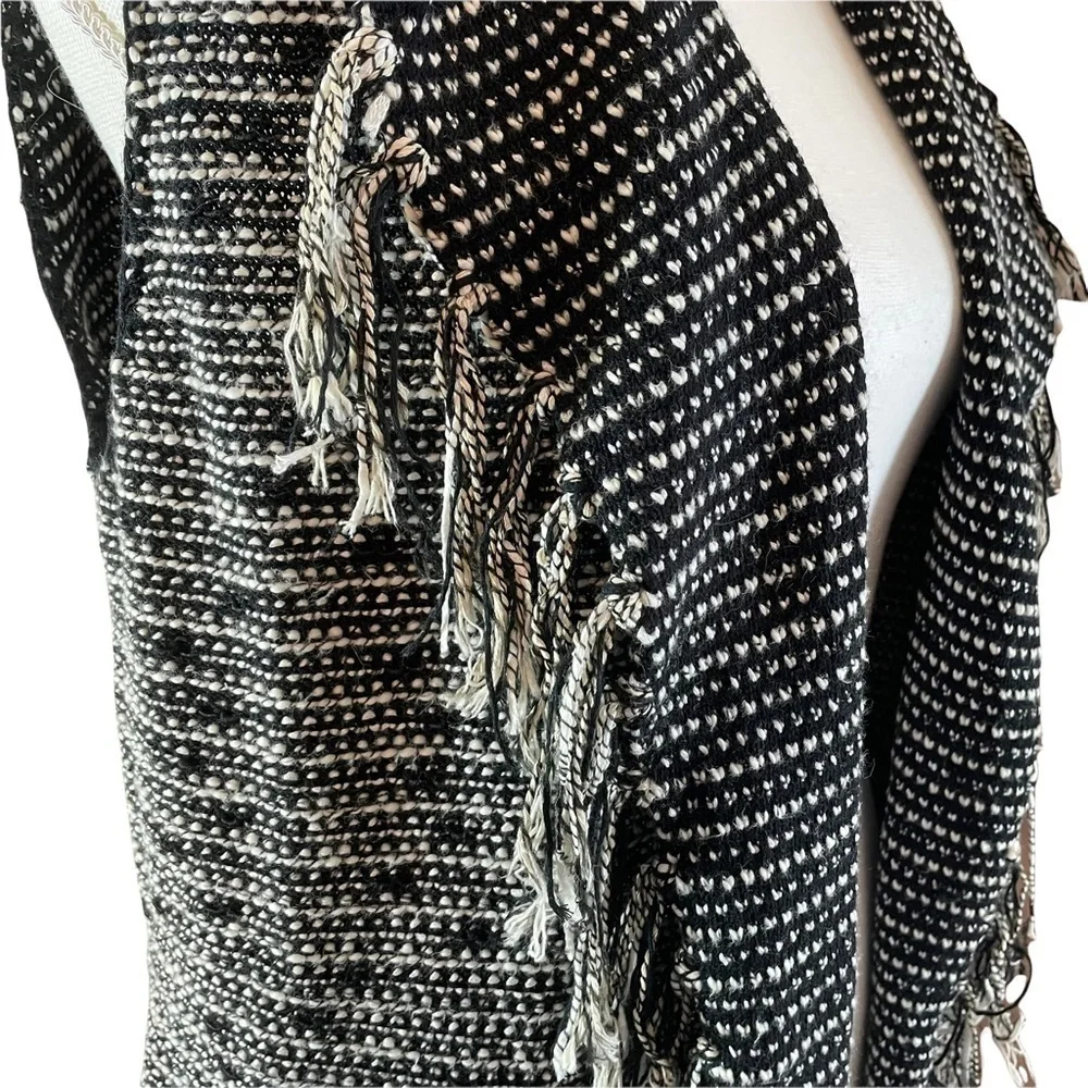 Lysse Fringe Long Cardigan Black & White Sweater Duster Vest with Pockets-S/M